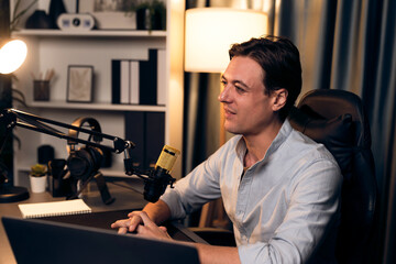 Host channel smart broadcaster talking on live social media application searching on laptop,...