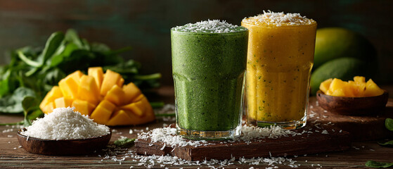 A vibrant display of green and yellow smoothies with mango and coconut shavings on a wooden surface