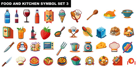 Flat Design Icons of Food, Kitchen Tools, and Cooking Ingredients – Set 3.