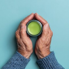Elderly Hands Holding Green Balm: Natural Skincare & Wellness