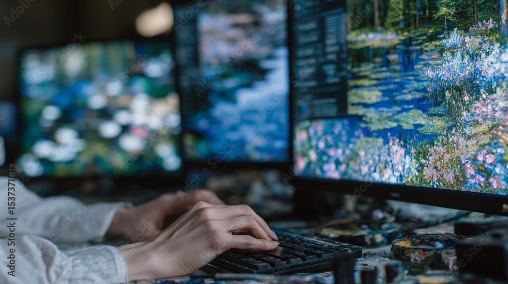 Aufkleber close-up of artistâs hands programming ai code to influence style transfer in digital painting pro