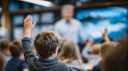 Hands raised in classroom during civic education session, teacher explains voting process using interactive whiteboard