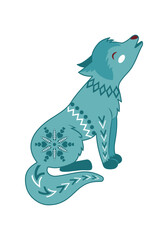 Turquoise howling wolf decorated with decorative patterns in Scandinavian style. Vector New Year illustration, mascot in ethnic style.
