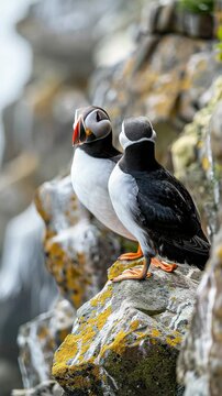 Pair of puffins on rocky ledge with moss, looking to side