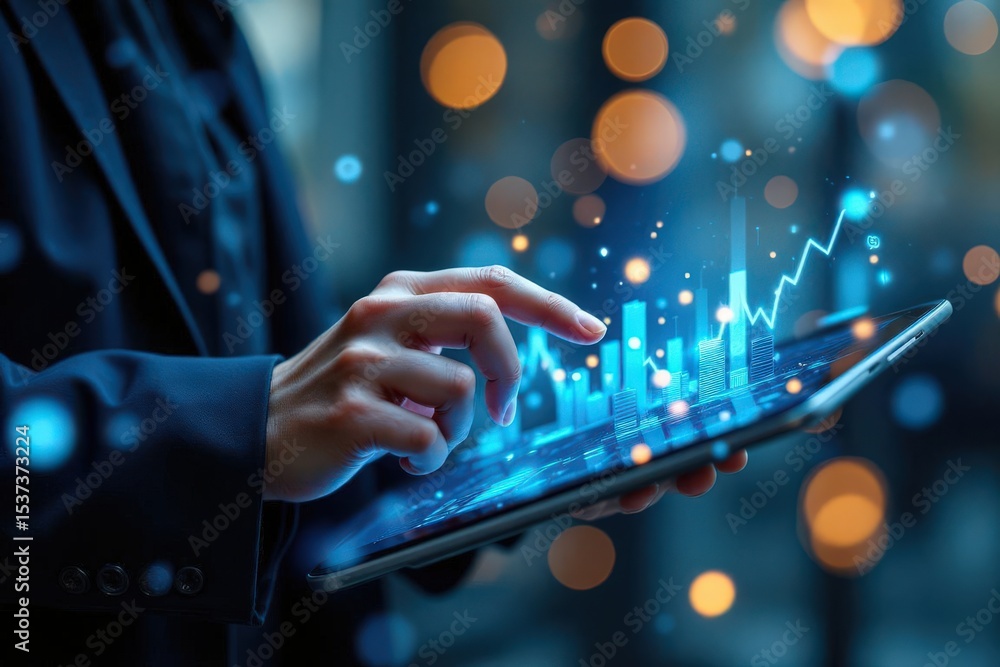 Poster business analytics on tablet with digital data visualization elements