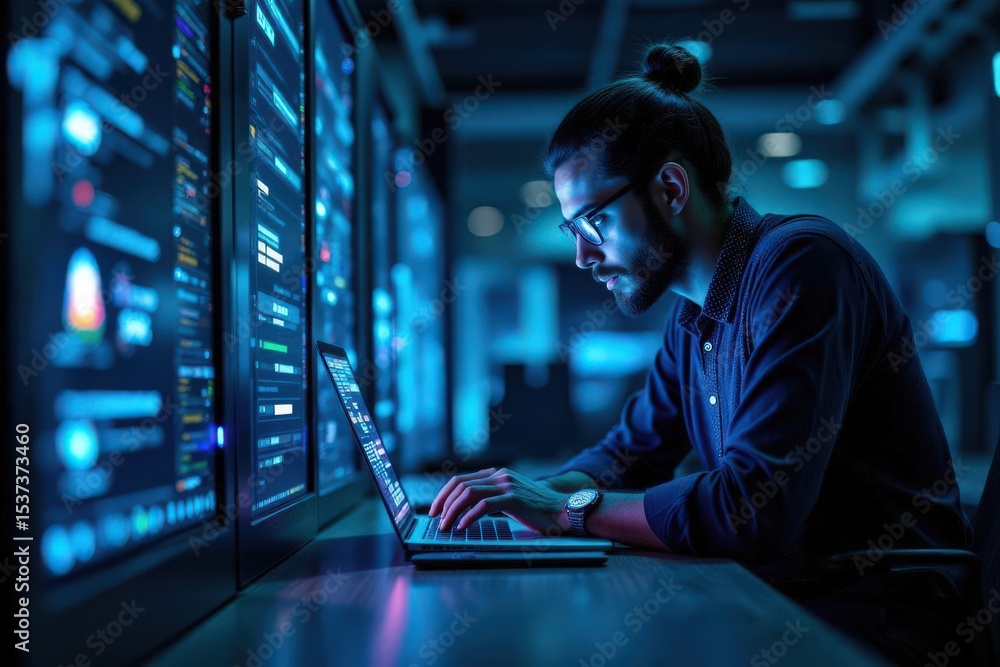 Poster focused programmer working late in a high-tech data center