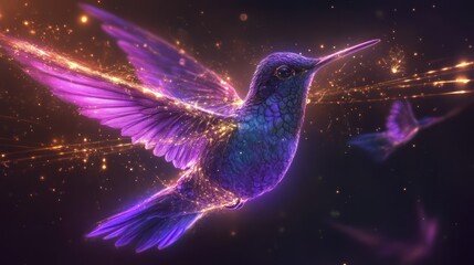 Fototapeta premium A glowing, stylized hummingbird in flight with radiant light trails and soft bokeh