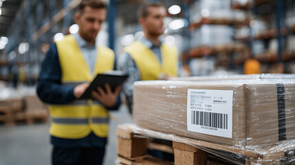 Close-up of barcode and RFID tags on pallets, workers scanning packages, symbolizing modern tracking and inventory control in supply chain