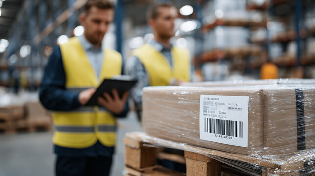 Close-up of barcode and RFID tags on pallets, workers scanning packages, symbolizing modern tracking and inventory control in supply chain - Powered by Adobe