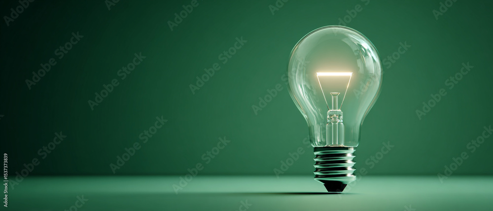 Poster a glowing lightbulb on a green surface with a background in a studio environment lighting concept