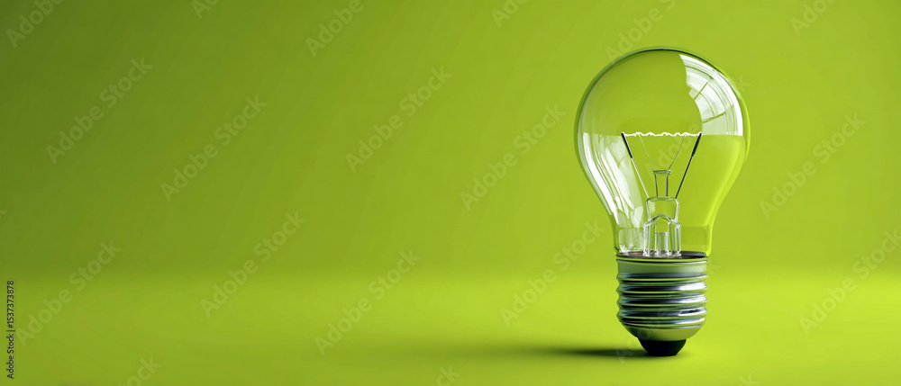 Poster a clear light bulb standing on a green surface in a studio with a green background behind it