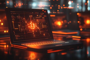 Laptop displaying glowing orange circuit diagram with blurred background lights visible