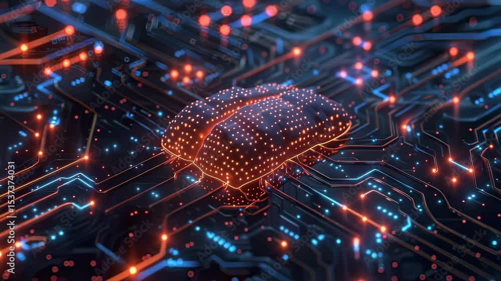 Poster artificial intelligence brain on circuit board with glowing connections