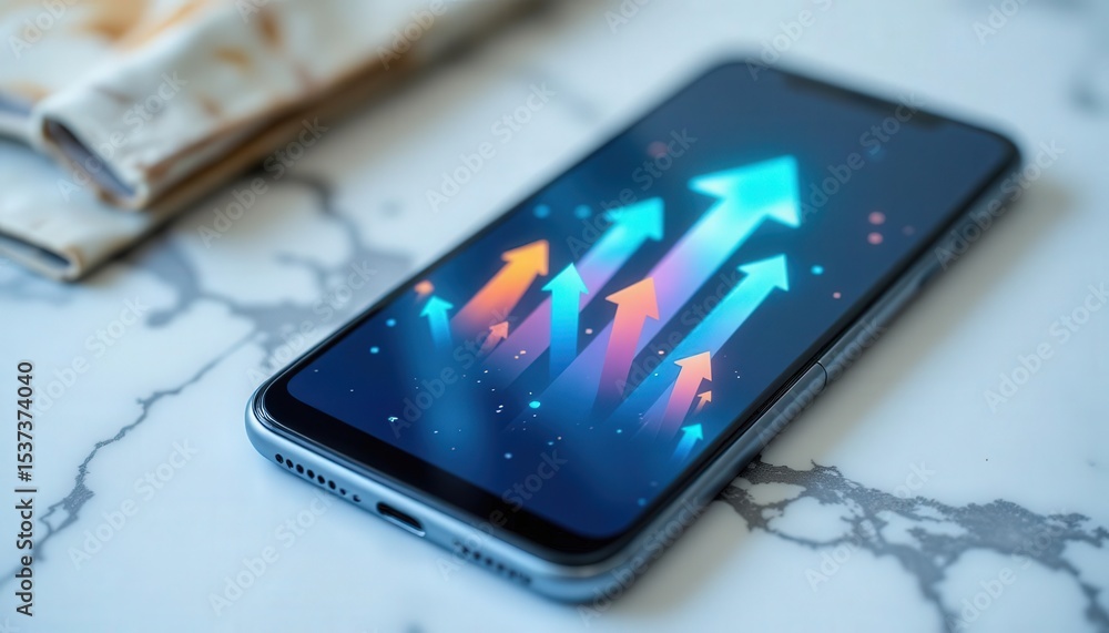 Poster multicolor phone screen displaying arrows and ai icons on marble surface