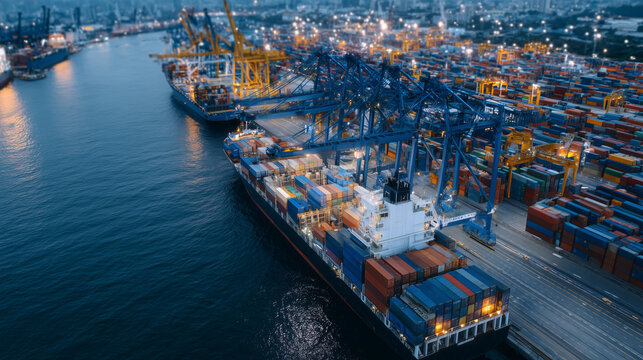 Drone view of offshore container terminal with cranes and ships, futuristic autonomous vehicle loading cargo, illustrating tech in maritime logistics