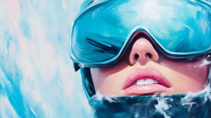 A woman wearing goggles and a helmet is painted on a blue background