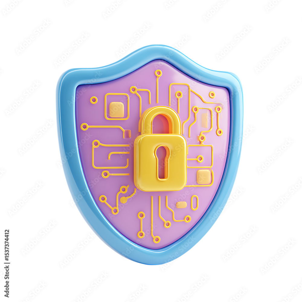 Poster cyber security shield with padlock 3d render isolated on transparent background