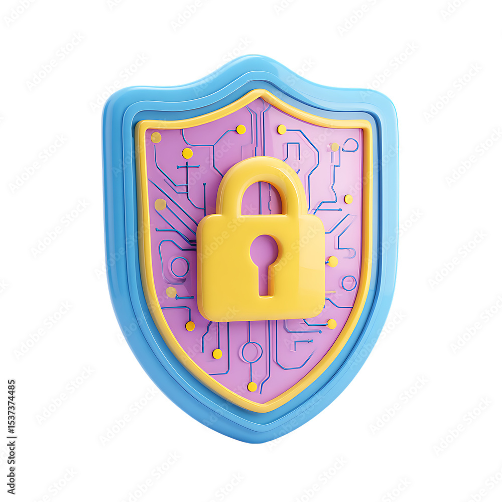Poster cyber security shield with padlock icon isolated on transparent background