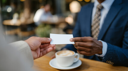 Hands exchanging business cards over coffee table during informal startup networking event in trendy cafÃ©