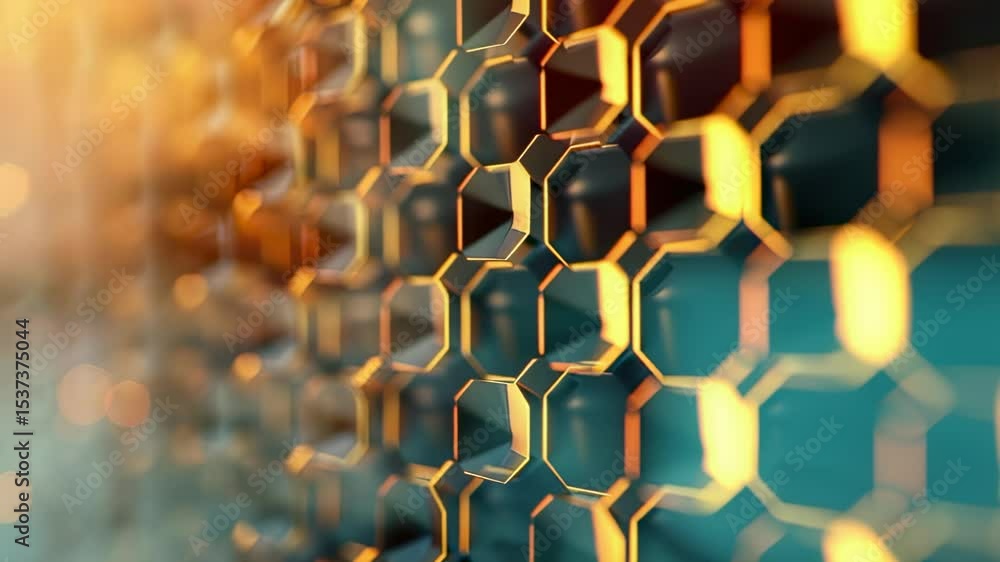 Poster abstract honeycomb structure with golden highlights and teal background, shallow depth of field