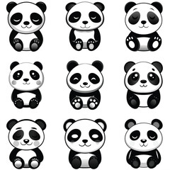 Fototapeta premium An adorable collection of cute cartoon panda illustrations featuring charming and expressive characters in various sitting poses.