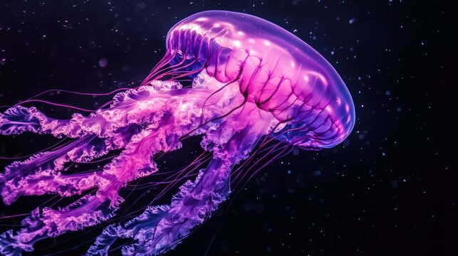 Purple jellyfish swimming in deep black water lit with bright purple and pink light