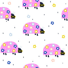 Seamless pattern with cute pink ladybugs. Childish print. Vector hand drawn illustration.