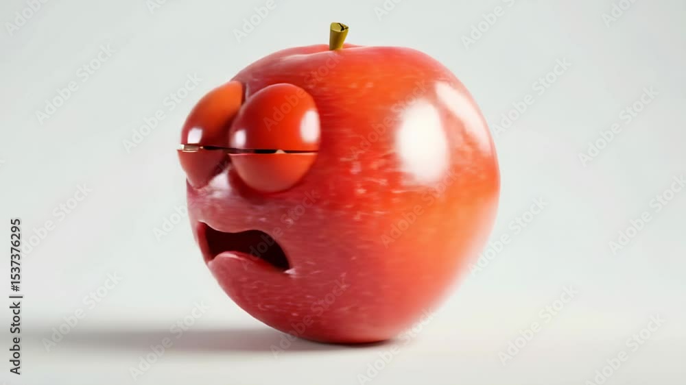 Poster animated red apple with a surprised expression on a white background