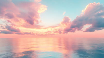 Obraz premium Panoramic view of an endless ocean under a pastelcolored sunrise, soft clouds glowing in pink and gold, ultraHD