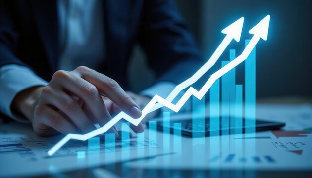 Business Growth Trend with Hand on Numeric Keypad and Upward Arrows