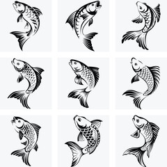 Black and White Koi Fish Tattoo Set, Japanese Carp Ink Art, Traditional Oriental Fish Design, Hand Drawn Tribal Koi Illustrations, Vector Graphic Collection
