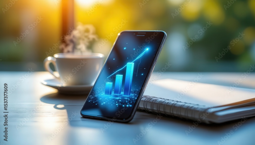 Poster smartphone displaying ai data with graph and coffee on table