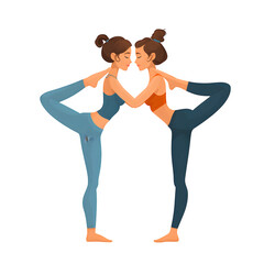 Fototapeta premium Two Women Perform Yoga Partner Pose Artistic Illustration Fitness Wellness Flexibility Balance Strength Exercise Health Wellbeing, transparent background