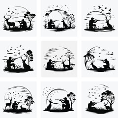 Set of Black Silhouettes of Hunters in Nature with Wildlife Animals and Birds in Forest and Field Scenes