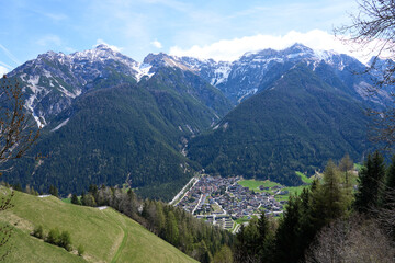 Kampl, Austria - April 19, 2025 - a small town in an alpine valley at Easter time