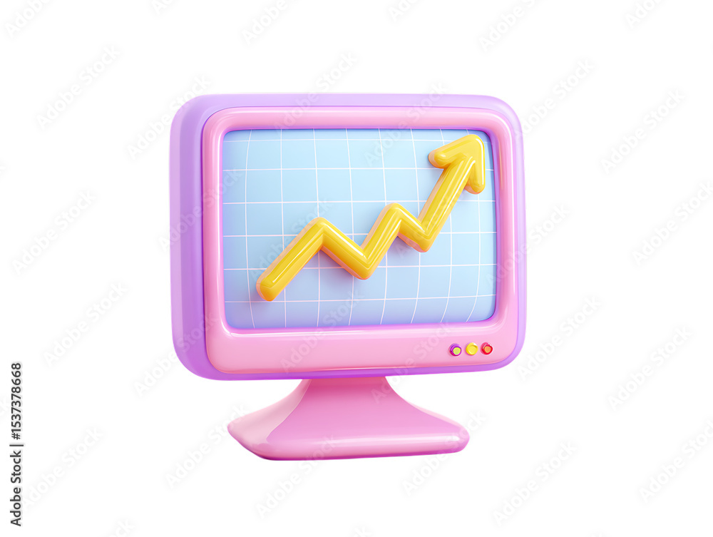 Poster pink retro computer monitor showing upward trending graph isolated on transparent background