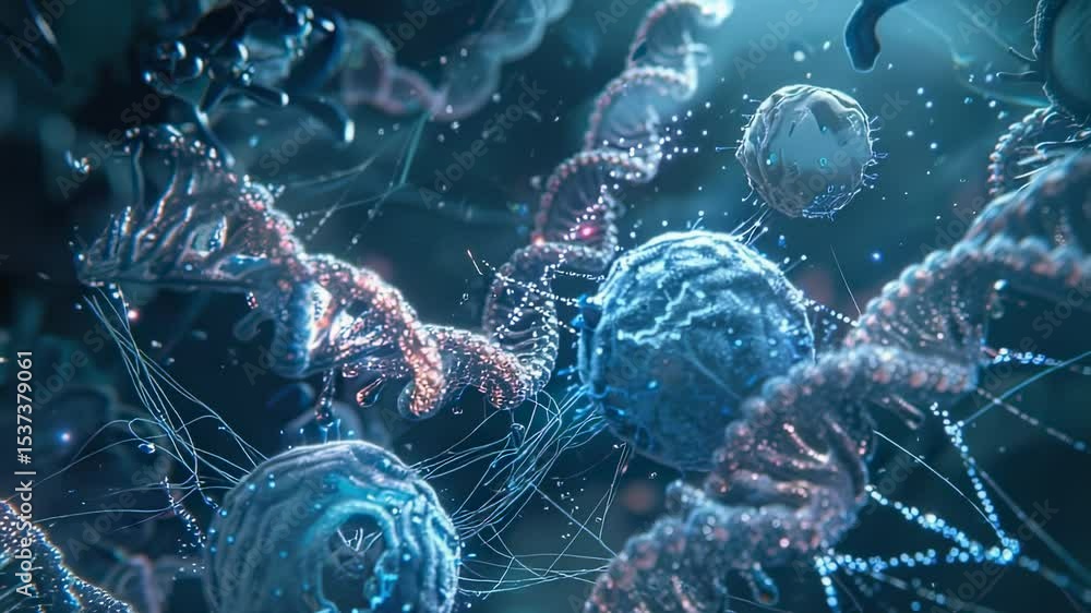 Poster detailed 3d render of dna strands and cells, showcasing intricate biological structures with a futur