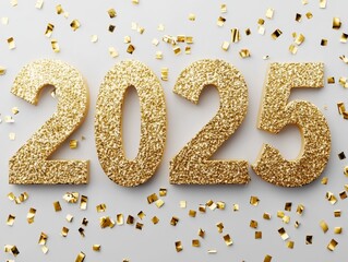 Golden Glitter 2025 New Year Flatlay Composition with Confetti, New Year's, Celebration New Year, 2025