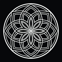 Fototapeta premium White floral abstract symbol gracefully combines geometric elements on a black background to create a clean image