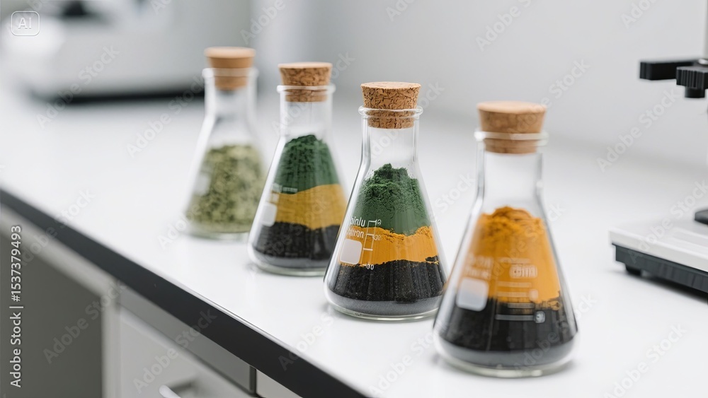 Poster various colored powders are neatly arranged in glass containers on a laboratory counter, showcasing 