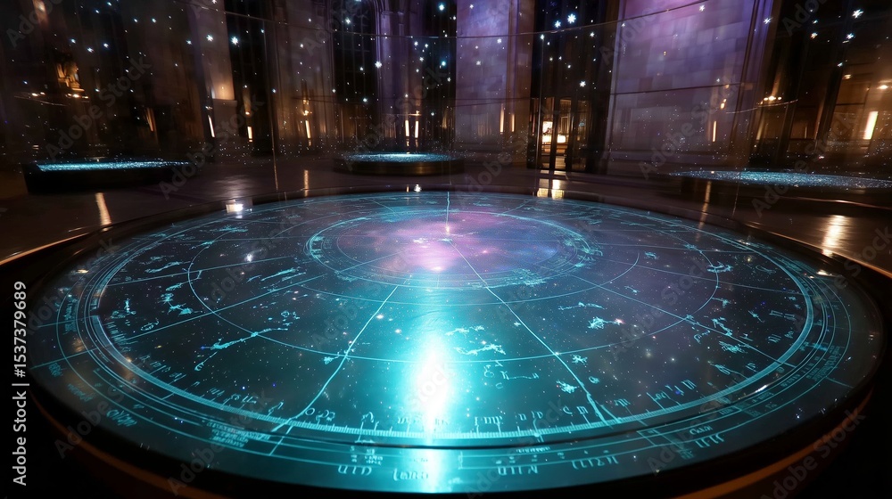 Poster stunning display of a celestial map in an interactive dome at a science center during an evening eve