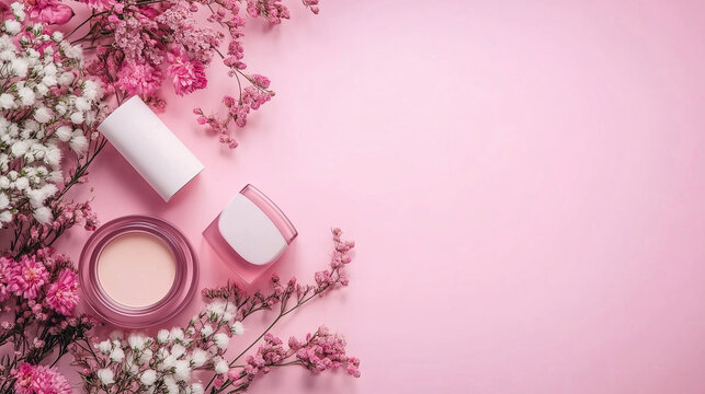 This composition features a set of luxury cosmetic products and flowers on a pink background, designed with clear space for text.

