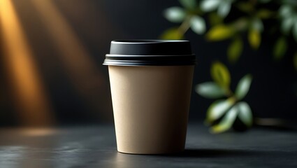 Kraft paper coffee cup with black lid on dark background