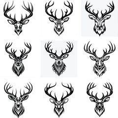 Set of Black and White Deer Head Vector Illustrations with Antlers in Tribal Tattoo Style
