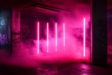 Neon pink lights in a smoky dark room with graffiti on the wall and concrete pillars visible