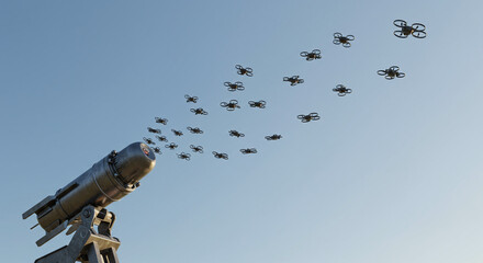 Drone swarm launched from missile; sky background