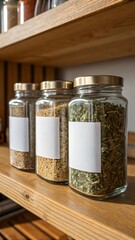 Three Blank Label Glass Jars of Dried Herbs on Wooden Shelf – Rustic Kitchen or Apothecary Storage Scene.