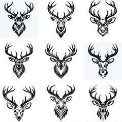 Set of Black and White Deer Head Vector Illustrations with Antlers in Tribal Tattoo Style
