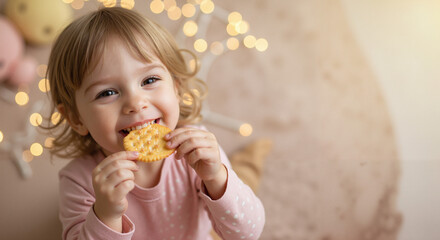 Cute toddler smiling while holding a cookie indoors with lights  
