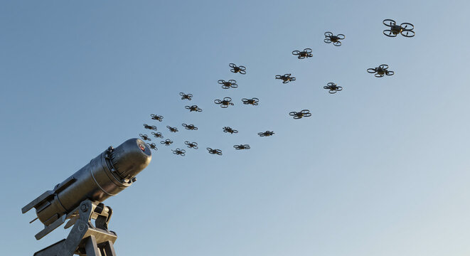 Drone swarm launched from missile; sky background